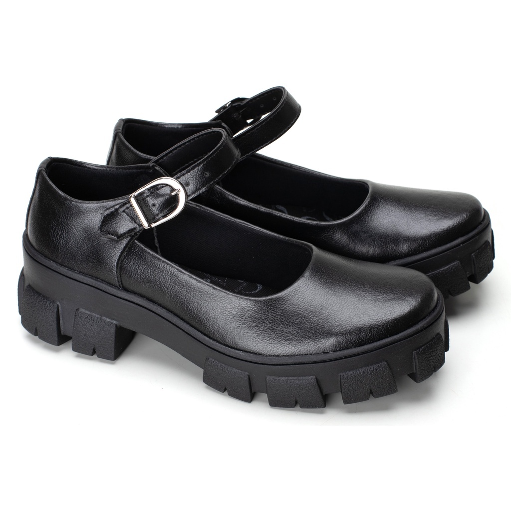 Sapato Feminino Mary Jane Tratorado Fivela Ajustável Estiloso Confortável Lançamento Black Gótica — imagem 2 de 2