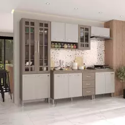Armário de Cozinha Modulada Completa Fidelitá Paris 5 Peças 260cm 13 Portas 3 Gavetas Com Tampo Nogal/Salinas