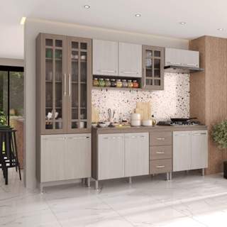 Armário de Cozinha Modulada Completa Fidelitá Paris 5 Peças 260cm 13 Portas 3 Gavetas Com Tampo Nogal/Salinas em Oferta na Shopee