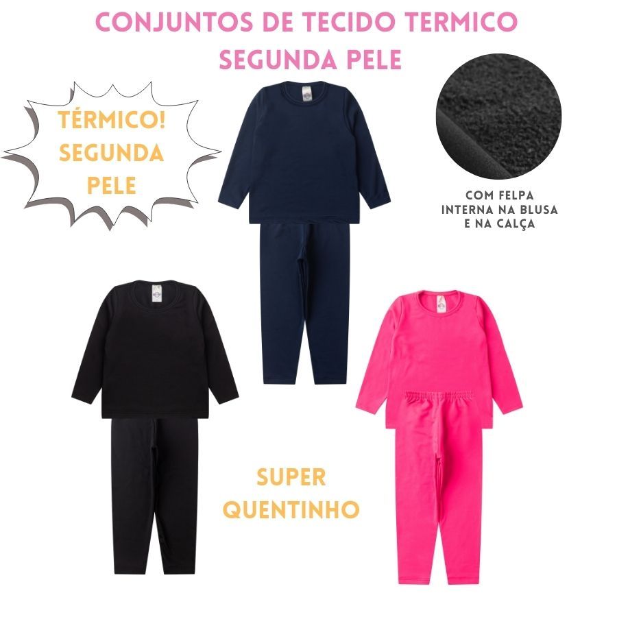 Kit com 2 Conjuntos Térmicos Infantil/Juvenil Flanelado Segunda Pele Inverno 2 a 14 Meninas e Meninos