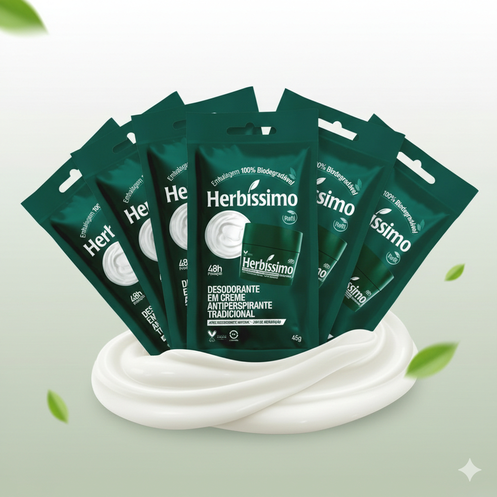 Kit 10 unid - Sachê Refil Desodorante Creme Antitranspirante Herbissimo Tradicional 45G em Oferta na Shopee