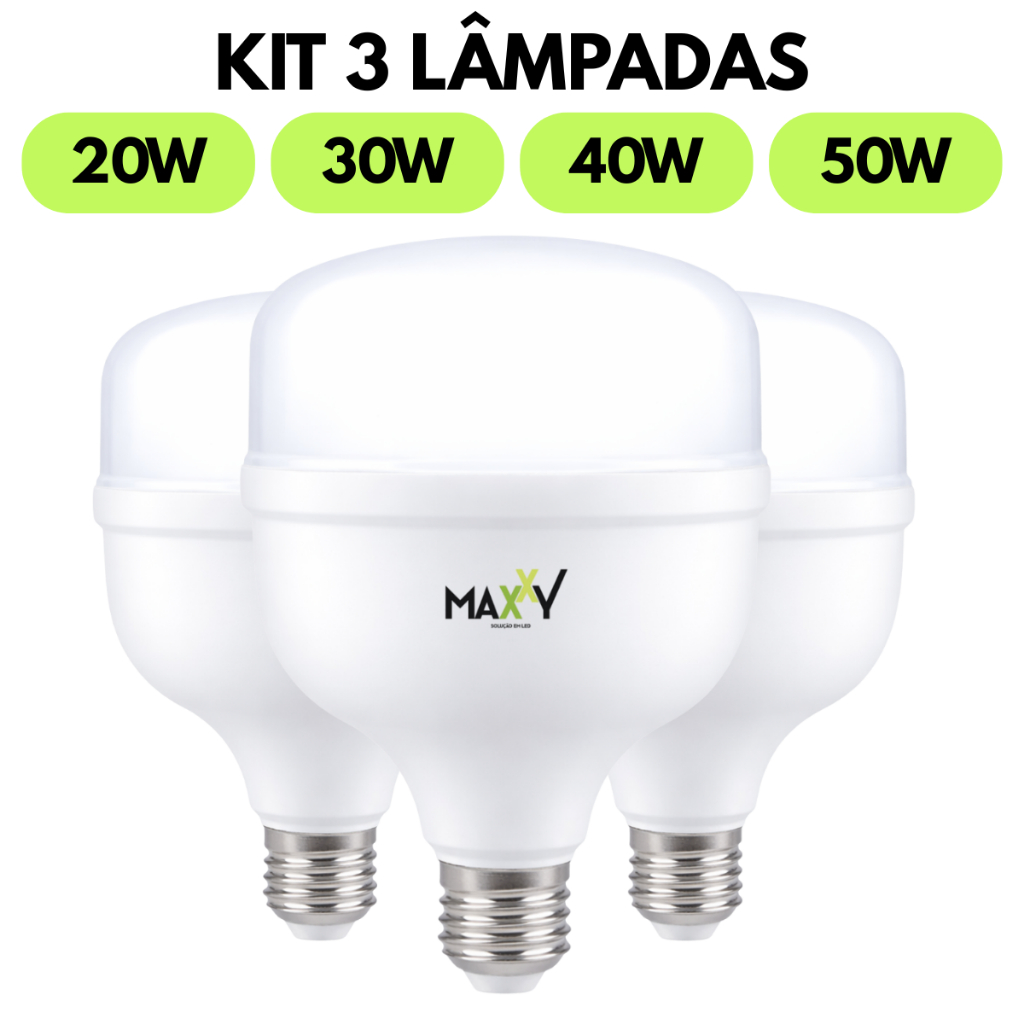 Kit 3 Lâmpadas Led Bulbo 20w, 30w, 40w, 50w Fria E27 Branco Frio 6500k Bocal E27