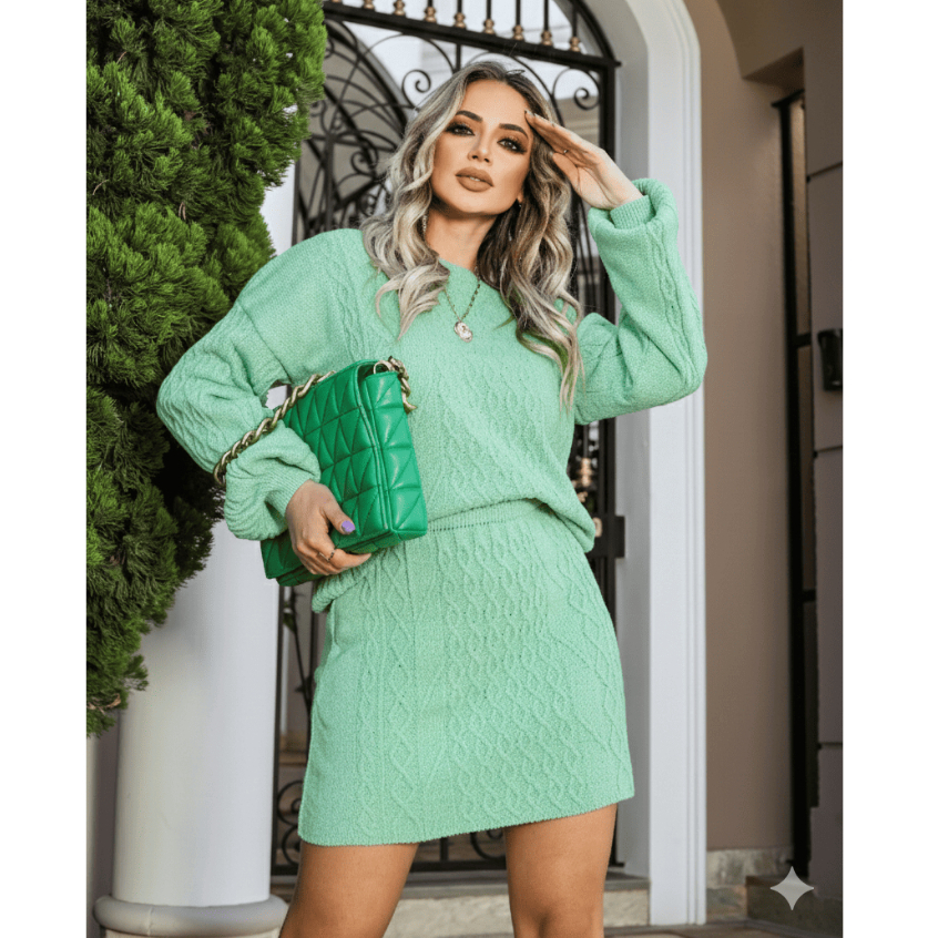 Blusa e Saia Tricô Feminino Inverno Manga Longa Texturizado Gola Redonda Casual Chic Gringa em Oferta na Shopee