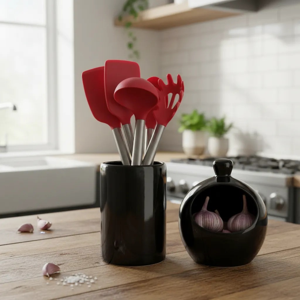 Kit Conjunto Jogo Organizador Utensílios e Porta Alho Suporte Talheres Pote Temperos Condimentos Cozinha Cerâmica