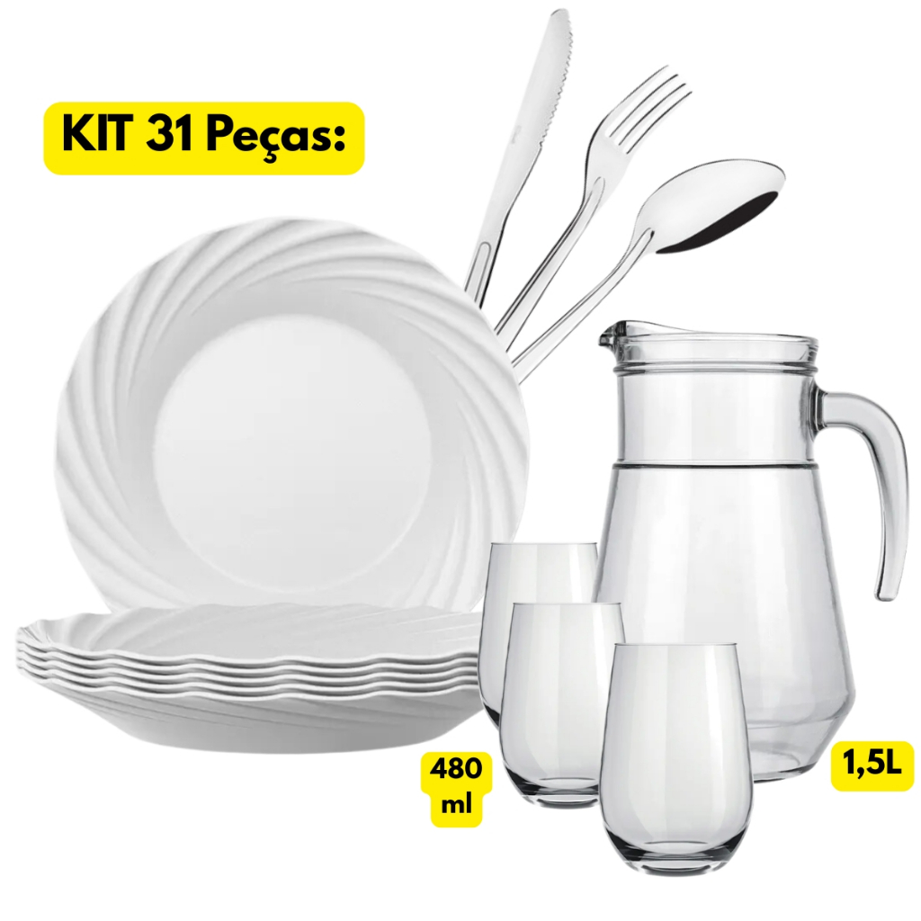 Jogo Kit 31 Peças 06 Pratos Fundo Jasmim + 06 Copos Dubai 480ML + Jarra Bar 1,5L + 18 Talheres Inox