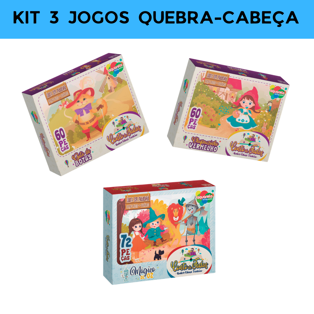 Kit 3 Jogos Infantis de Quebra-Cabeça - Gato de Botas, Chapeuzinho Vermelho, Mágico de Oz