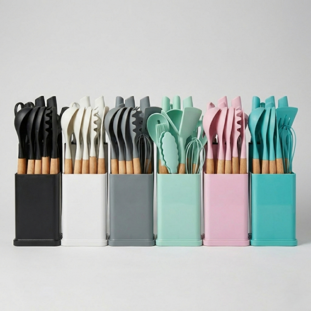 Kit Utensílios Cozinha Silicone 19 Peças Jogo De Facas Tábua Tesoura Cabo Madeira Com Suporte