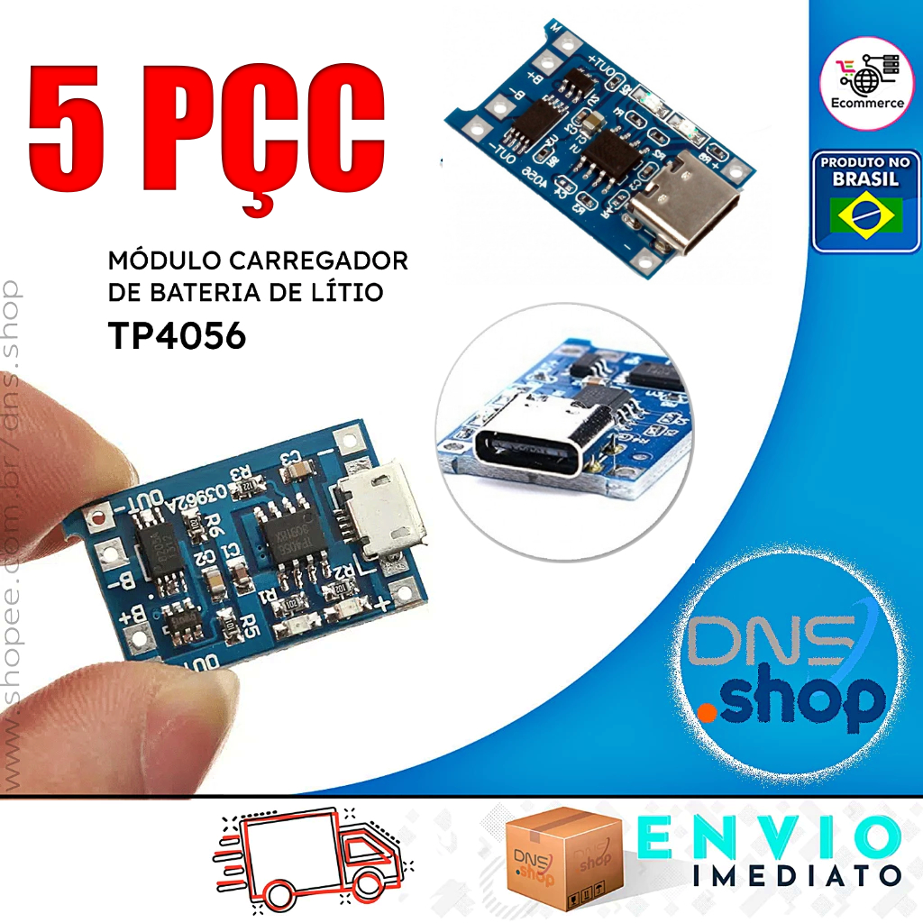 kit 5pçs Placas TP4056 Tipo-C Carregador Bateria Litio C/Proteção