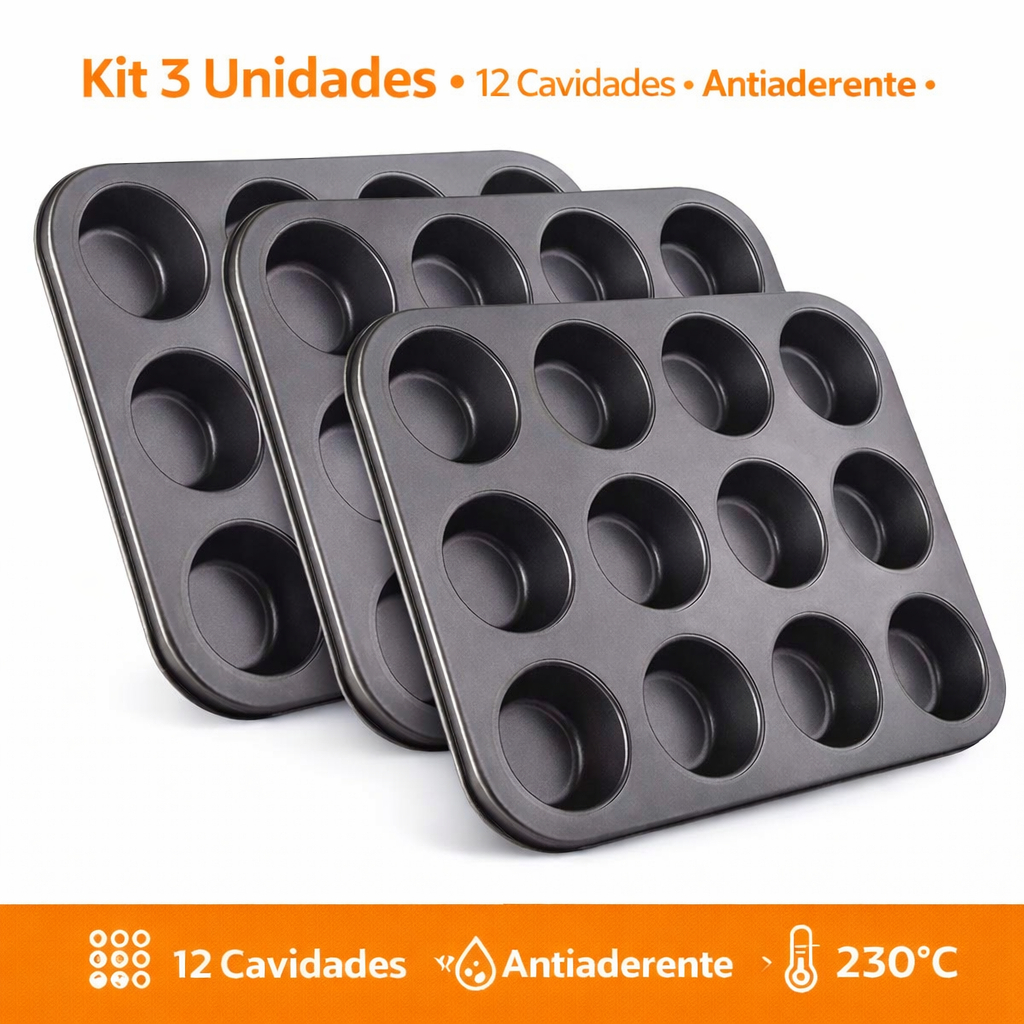 Kit 3 Formas 12 Cavidades Antiaderente Produção Profissional Cupcake Empada 230°C