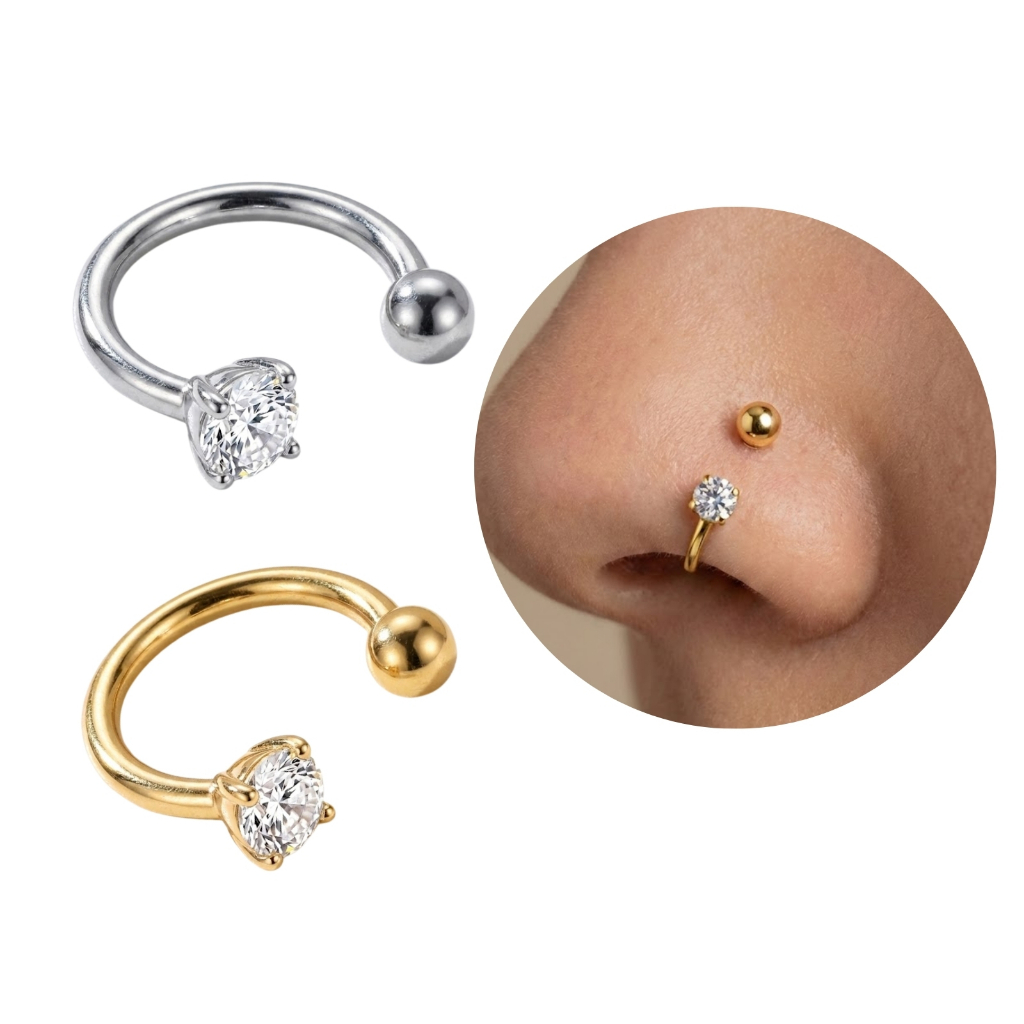 Piercing Duplo Zircônia Bolinha  Curvo Feminino Nariz Boca Septo Labret Aço Cirúrgico Hipoalergênico