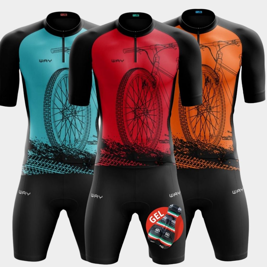 Conjunto Ciclismo Masculino Camisa Bike Roda Várias Cores Roupa Manga Curta e Bermuda com Forro Gel
