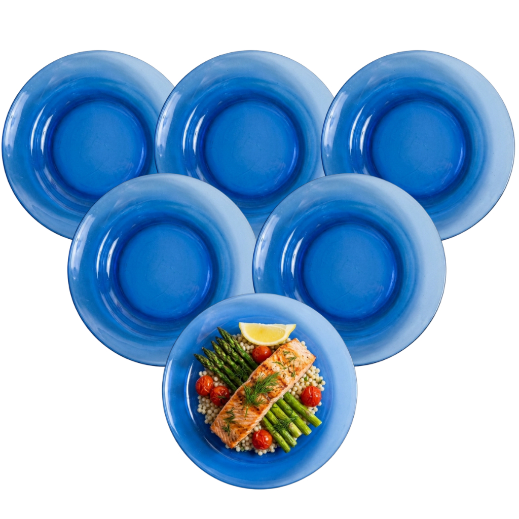 Conjunto de Prato De Vidro Azul 6 Peças Fundo Redondo Artesanal Lindo Original