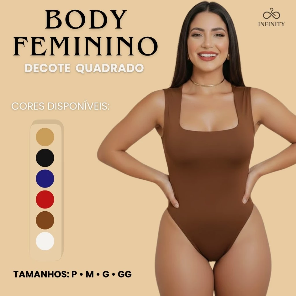 Body Feminino Decote Quadrado Alças Grossas Collant Casual Elegante Tecido Suplex Com Forro — imagem 1