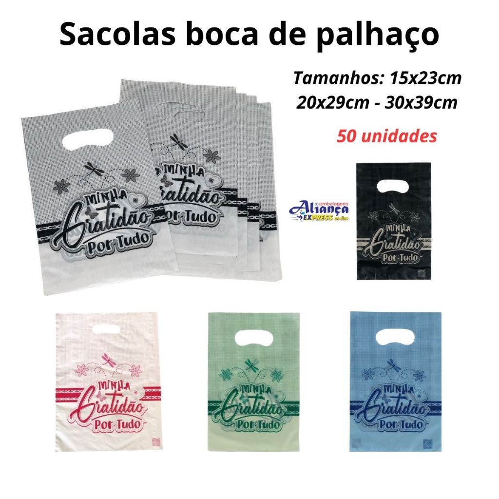 50 Sacolas Boca de Palhaço 0,8 Minha Gratidão Tamanhos a Escolha