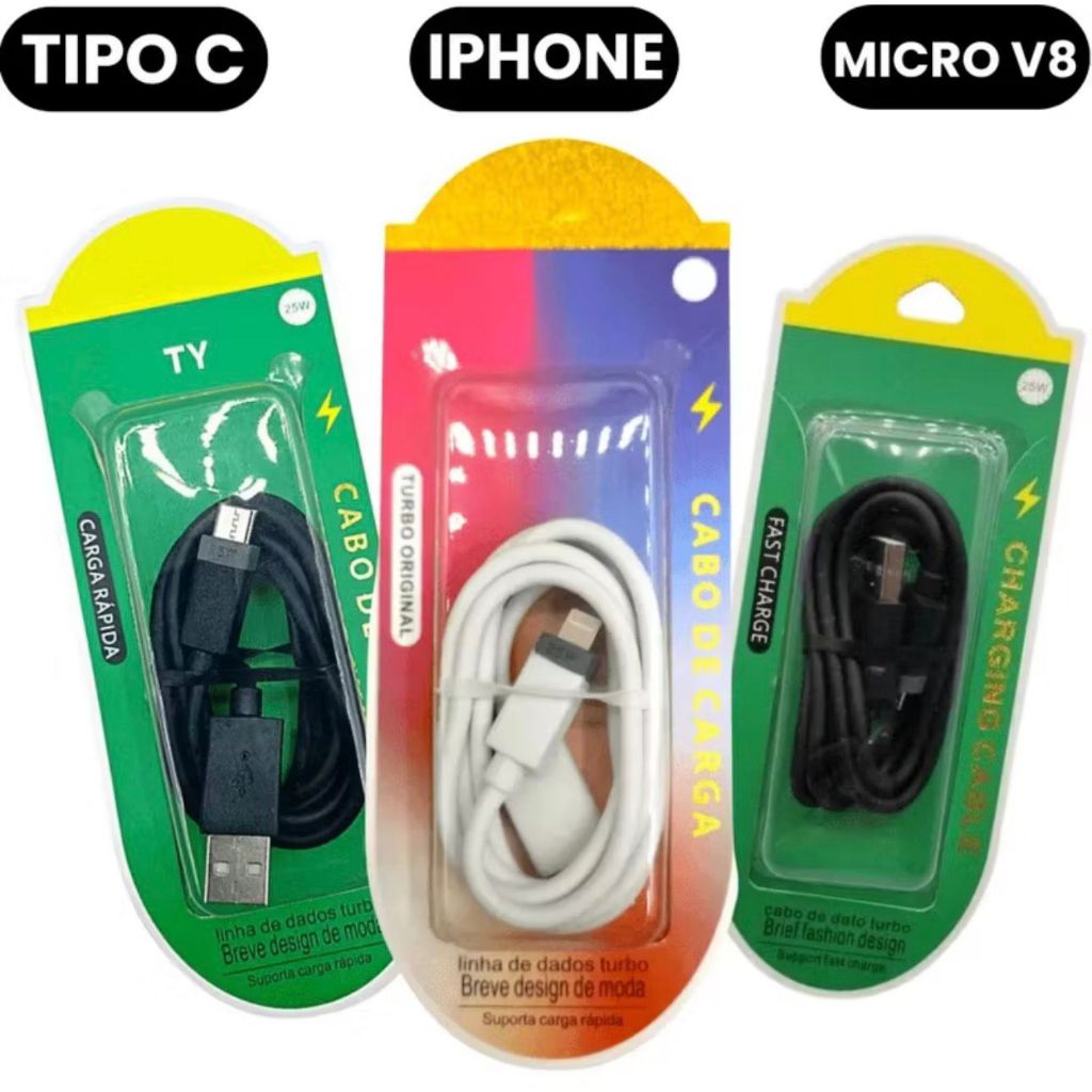 Cabo Carregador Dados USB IOS turbo Tipo C 25w Iphone Sansung Motorola Xaomi