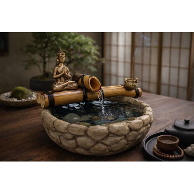Mini Fonte de Agua queda Bambu com Buda Meditando e Incensário em Oferta na Shopee