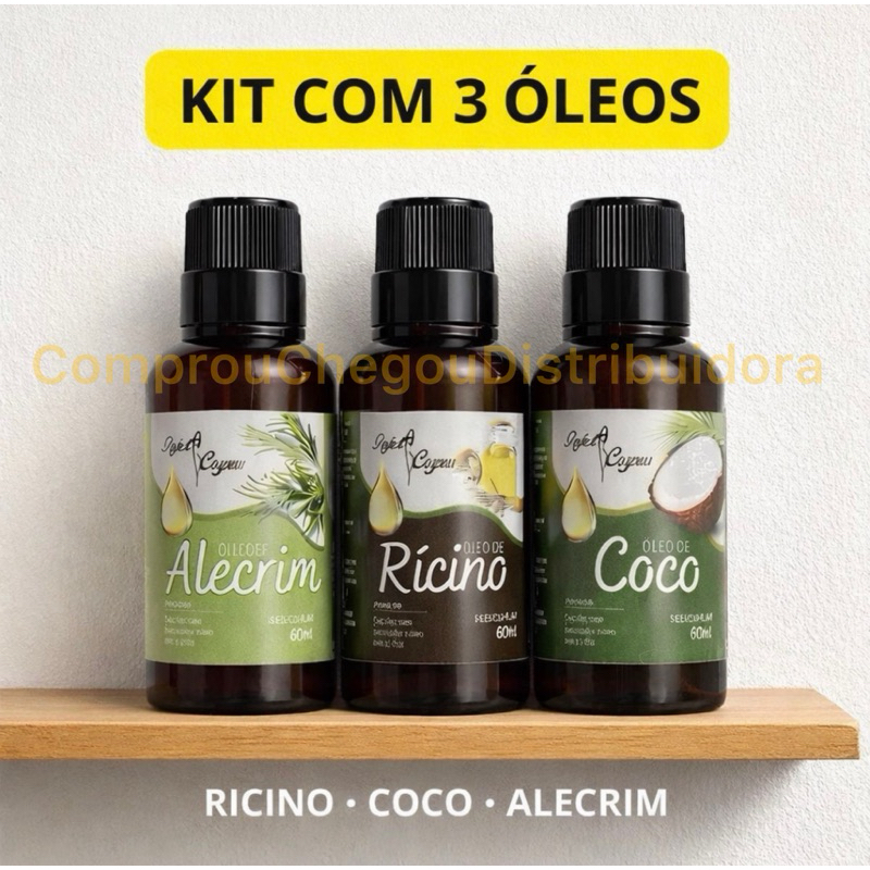 KIT 3 óleos 100% puro Terapia Capilar Cronograma Óleo de Coco + Ricino + Alecrim 60ml Tratamento Capilar