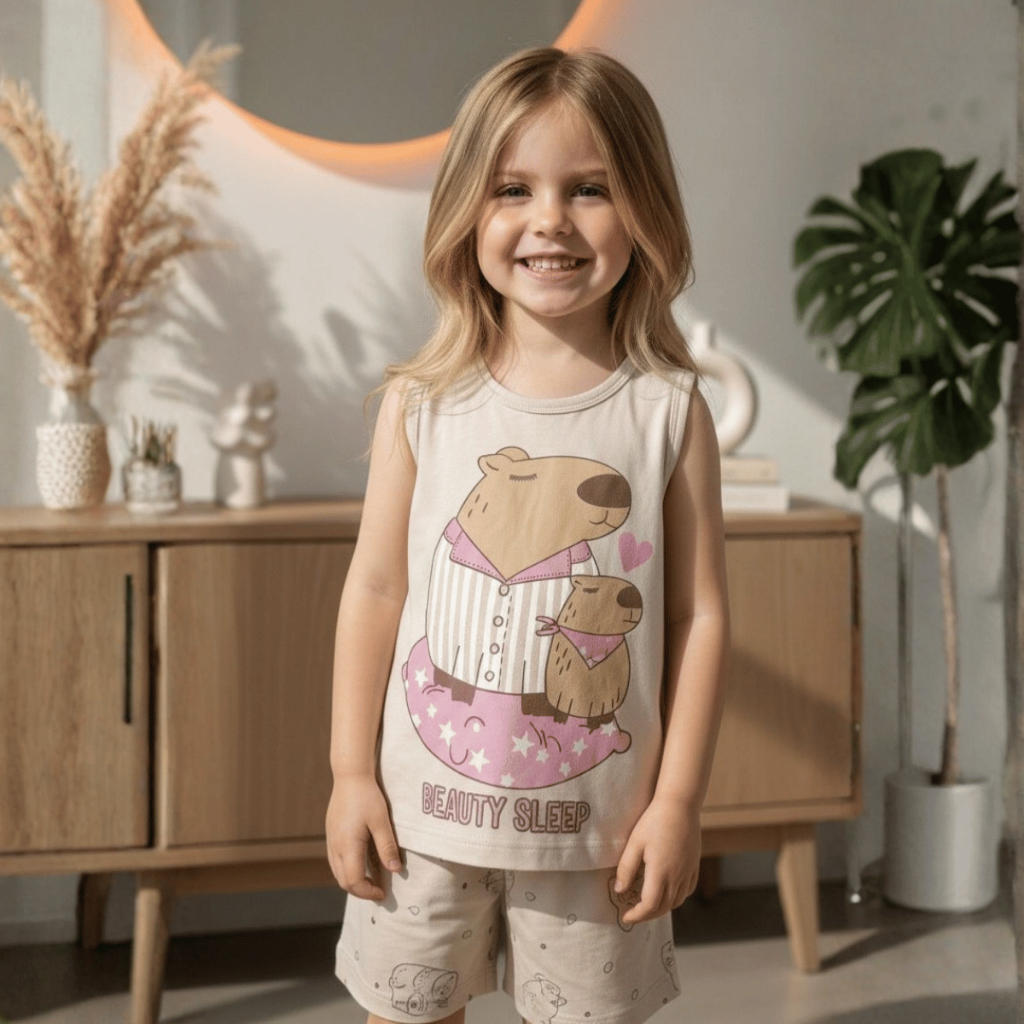 Conjunto Infantil Regata Capivara com Silk + Short Estampado em Malha PV | Pijama Infantil Verão Confortável