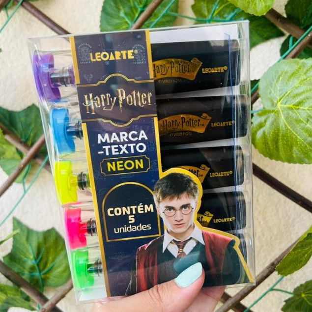 Kit Marca Texto Harry Potter 5 Cores Neon Com Estojo Papelaria Fofa Material Escolar Geek