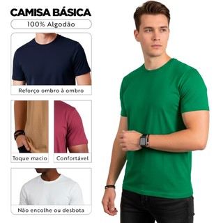 Camiseta Básica 100% Algodão Reforço Ombro a Ombro Masculina Lisa Modelagem Casual Unitário