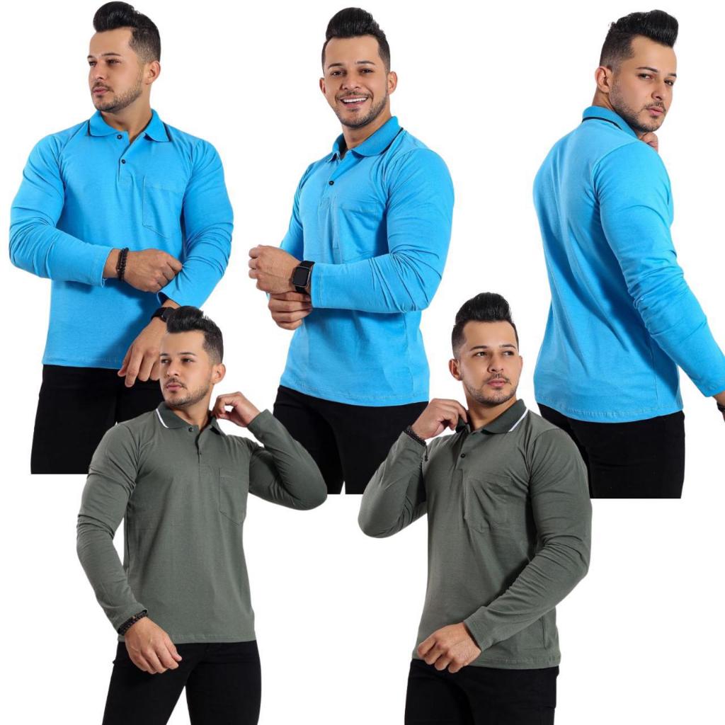 KIT 5 CAMISA CAMISETA GOLA POLO MANGA LONGA COM BOLSO ALGODÃO MALHA FIO 30 ESTILO CASUAL MODA MASCULINA