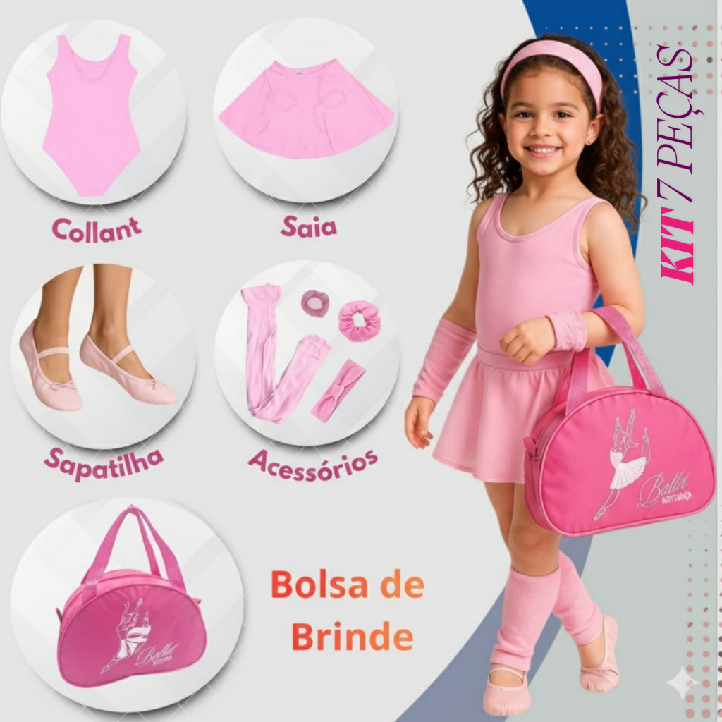 Kit Ballet Infantil Rosa 7 Peças + Bolsa Brinde 2 a 12 Anos