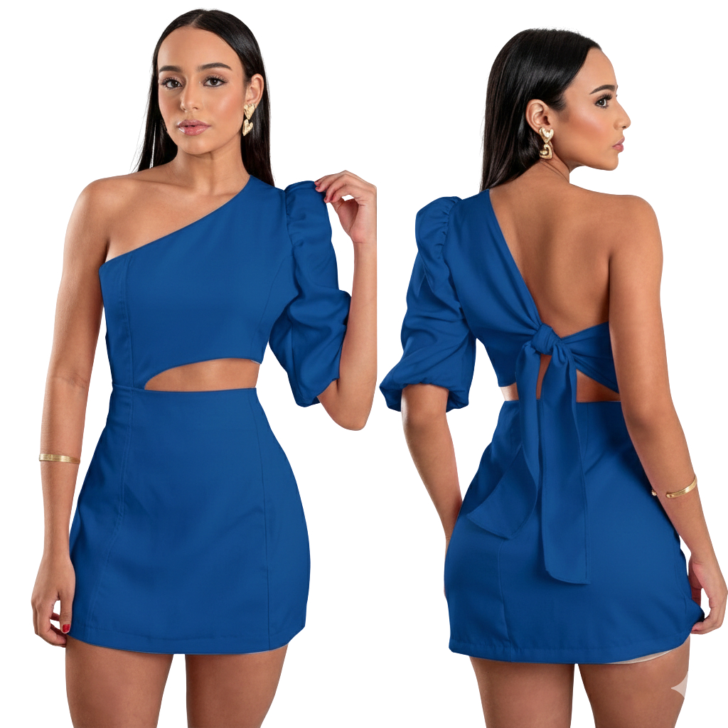 Vestido Alfaiataria Feminino Um Ombro Só Manga Bufante Festa Curto Elegante Vazado na Cintura em Oferta na Shopee