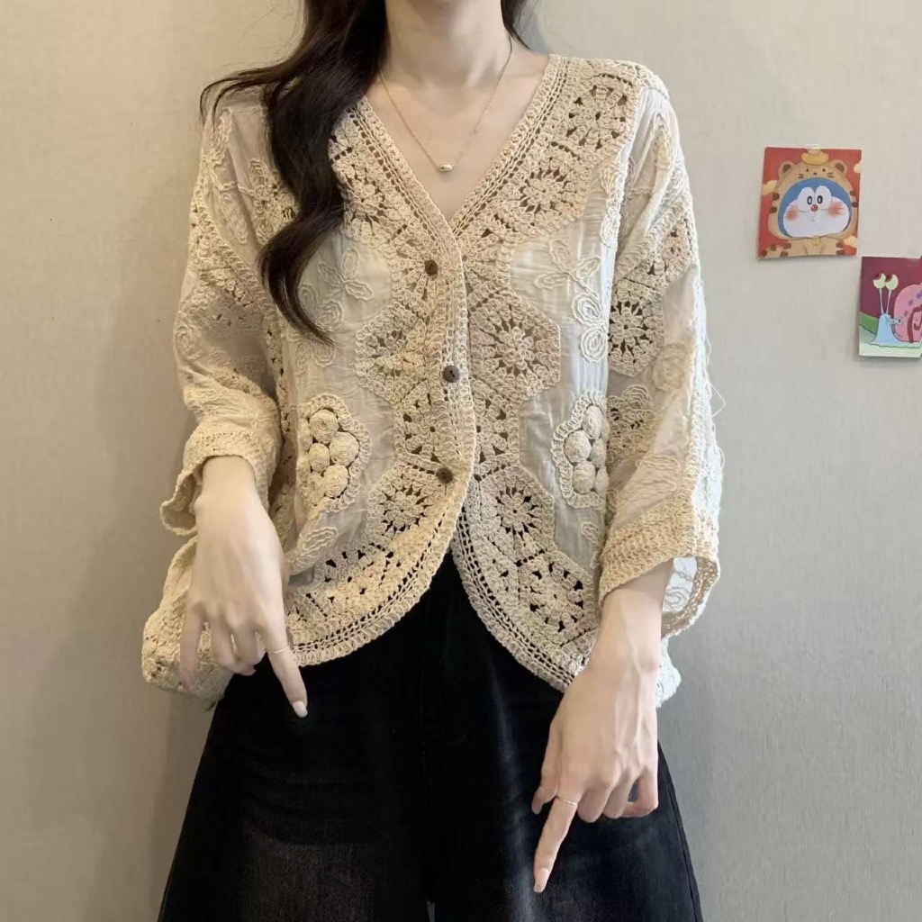 Top de crochê vazado, modelo plus size, para o verão Jaqueta/saída de praia estilo francês com proteção solar.
