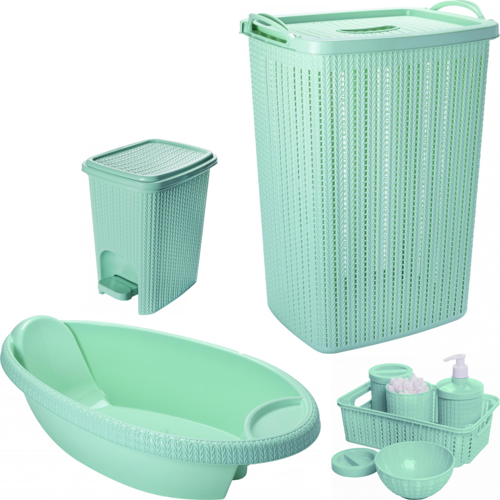 Kit Cesto de Roupa 40L, Banheira 19L, Lixeira 7L e Kit Higiene com Porta Sabonete Linha Trama VERDE em Oferta na Shopee