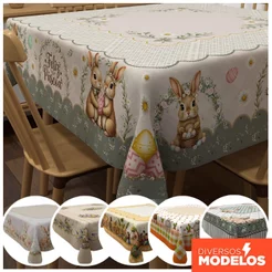 Toalha de Mesa Quadrada Decorativa de Páscoa Mesa Posta para 4 Lugares 1,40x1,40m