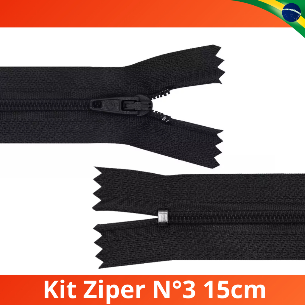 Kit Ziper Nylon Metal 15cm Cor Preto Comum N°3 Pct 10 un 50 un ou 100 un Fino Reforçado