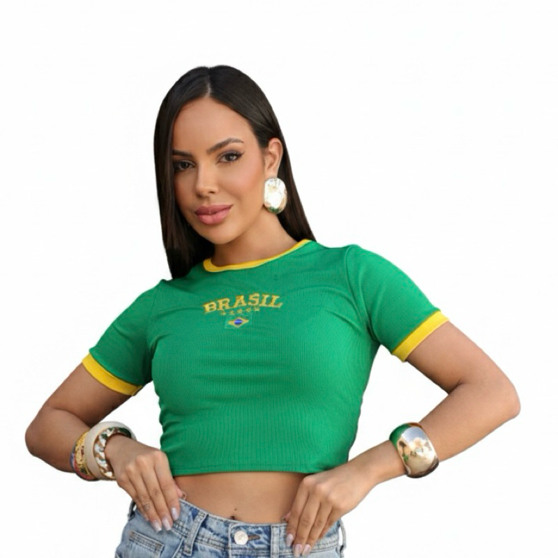 Cropped Feminino Brasil Copa do Mundo 2026 Baby Look Canelado Virgínia blogueira