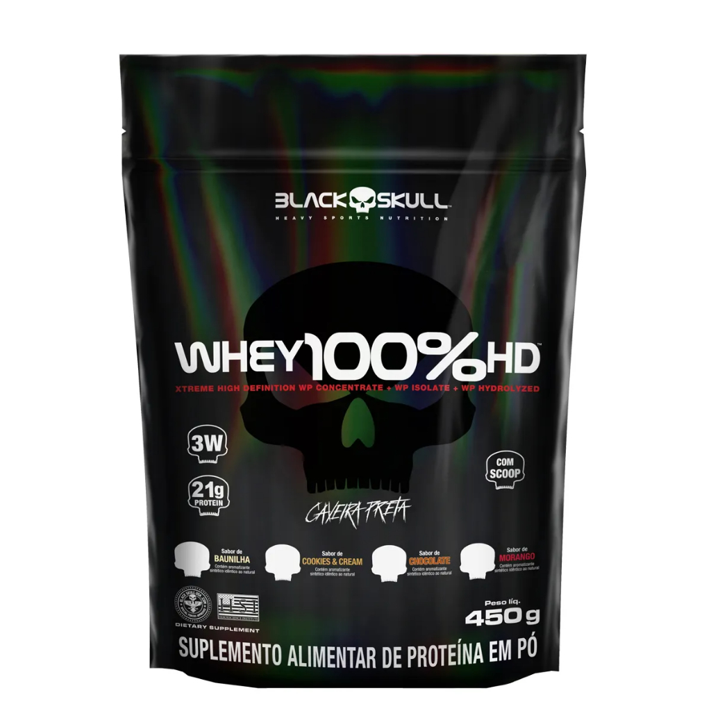 Whey Protein Black Skull 100% HD 450g Refil Econômico Pós-Treino em Oferta na Shopee