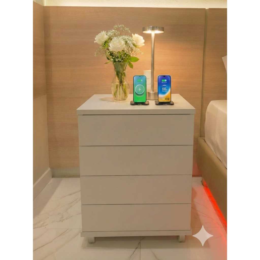 Mesa da Cabeceira 40cm Larg com Tomada USB 100%MDF 4 GAVETAS 4G40BCO