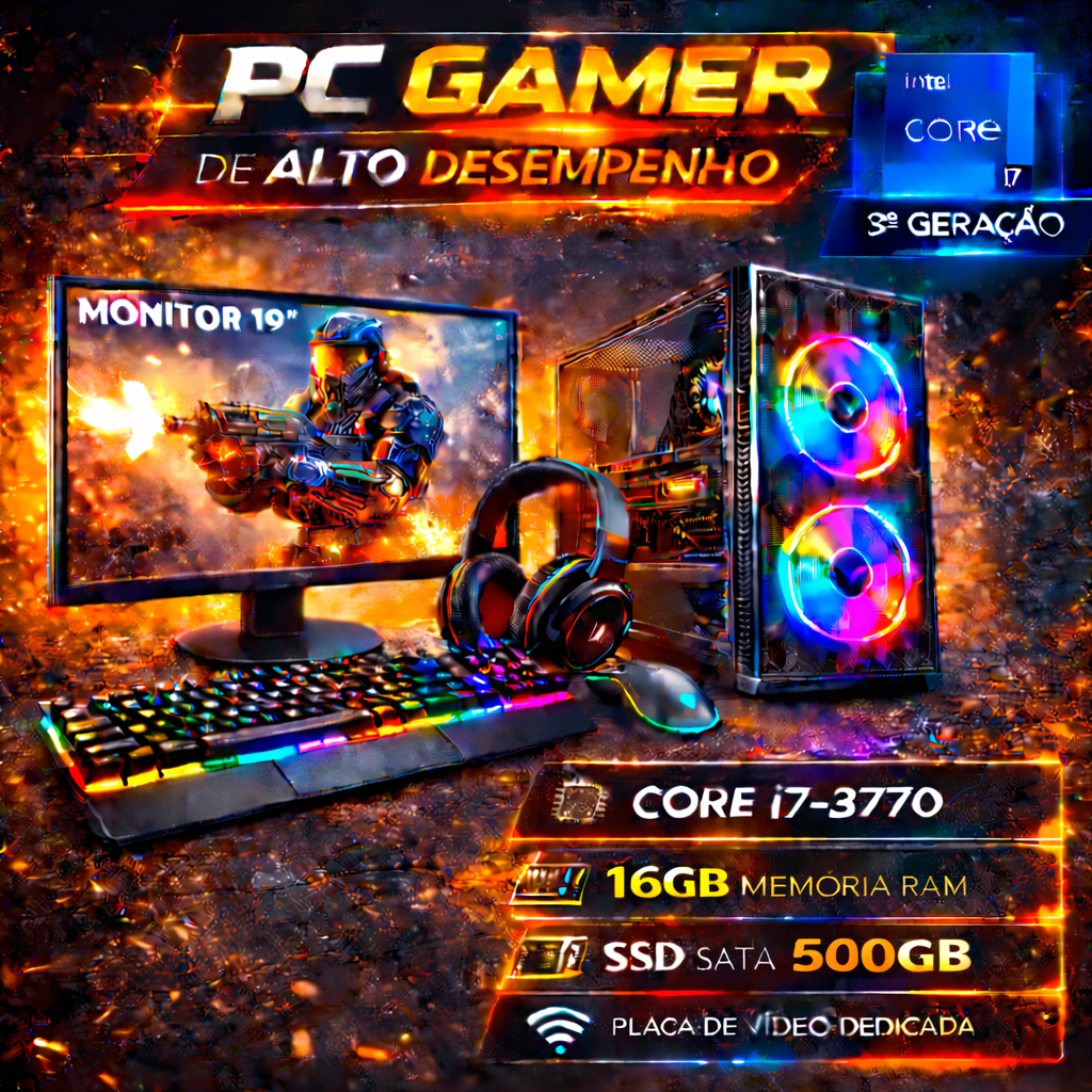 PC Gamer Completo i7 3Gen - 16GB RAM - SSD Nvme 500GB - Placa de Vídeo 4GB - Monitor 19"