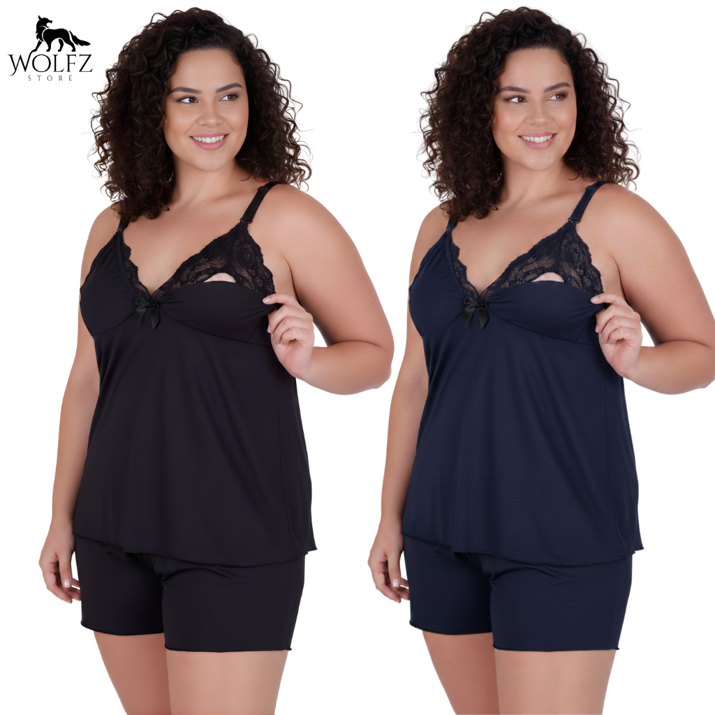 Kit 2 Baby Doll Amamentação Plus Size Pijama Gestante Pós Parto Sutiã Abre Fácil Confortável Maternidade