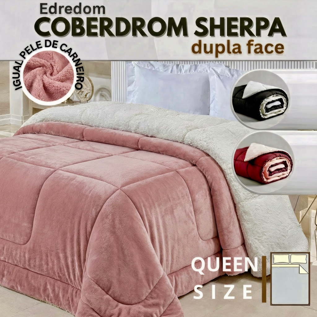 Coberdrom Edredom Pele De Carneiro Casal Queen 2,40m x 2,20m Sherpa DuplaFace