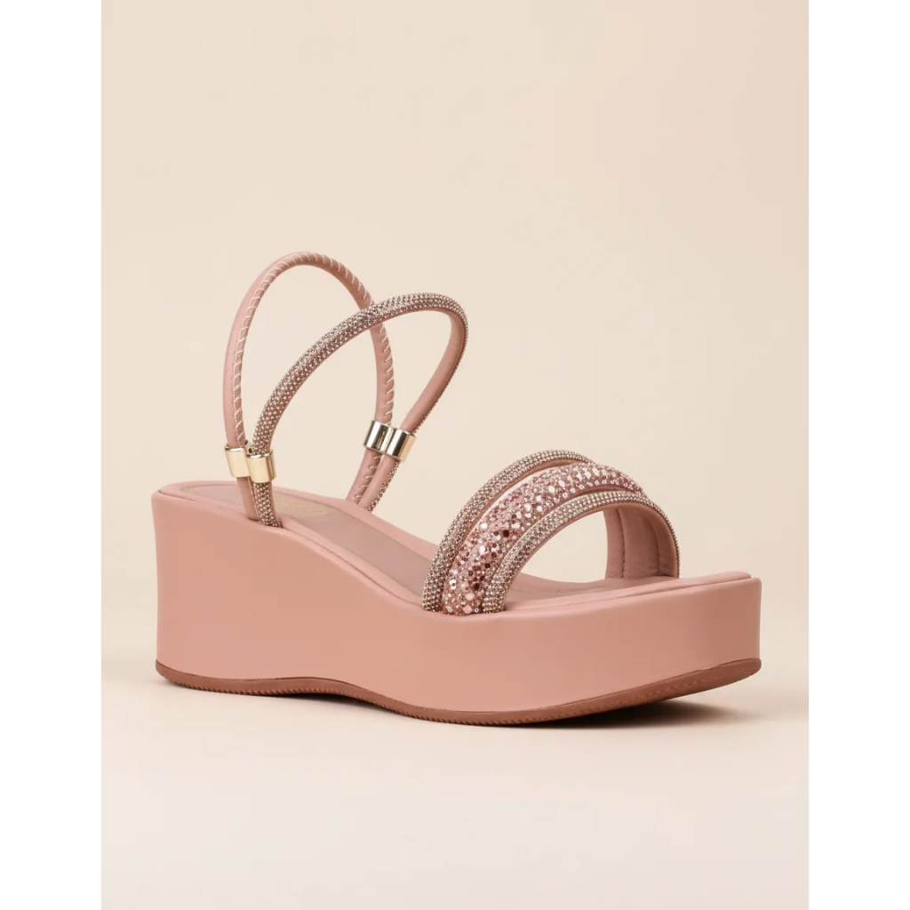 Anabela Salto Baixo Rose Papete Confortável Flat Brilho Leve