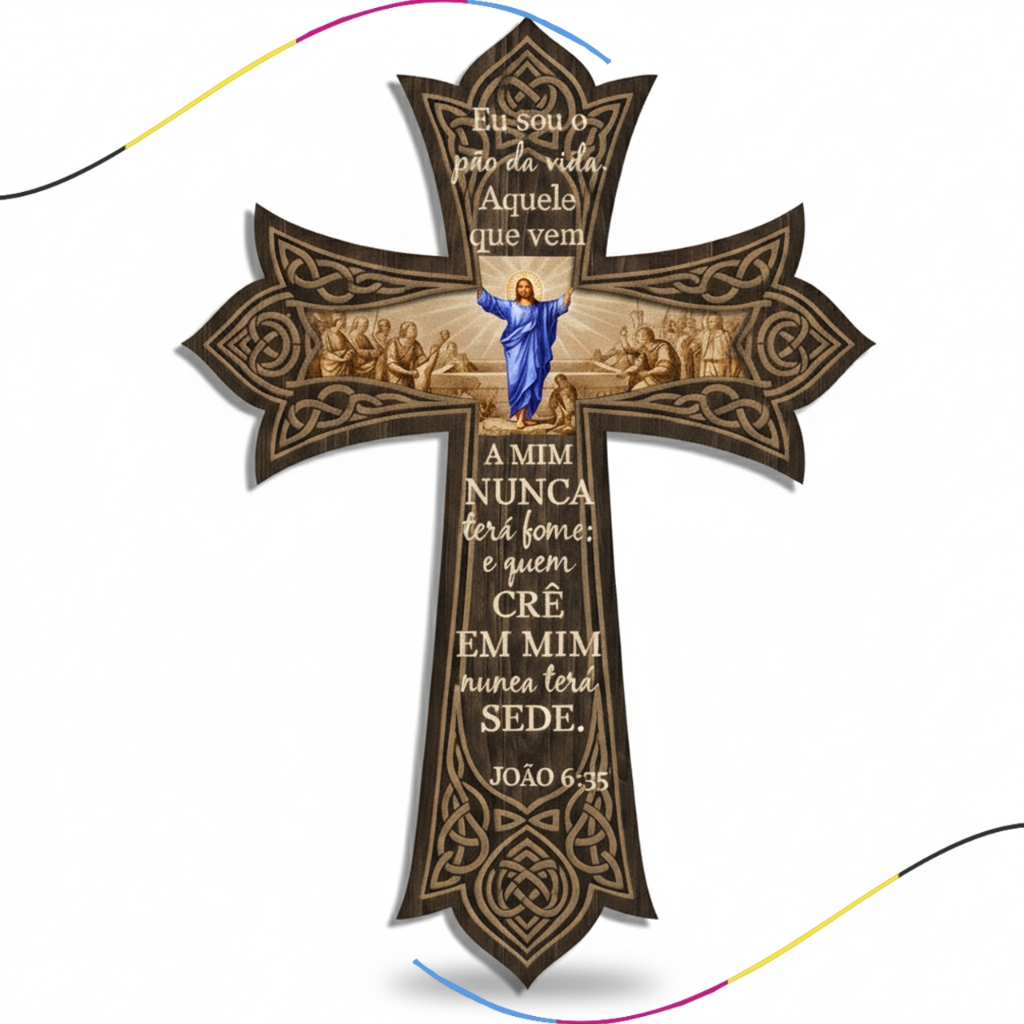 Quadro Religioso Cruz com Ilustração Bíblica e Acabamento Amadeirado Elegante para Sala