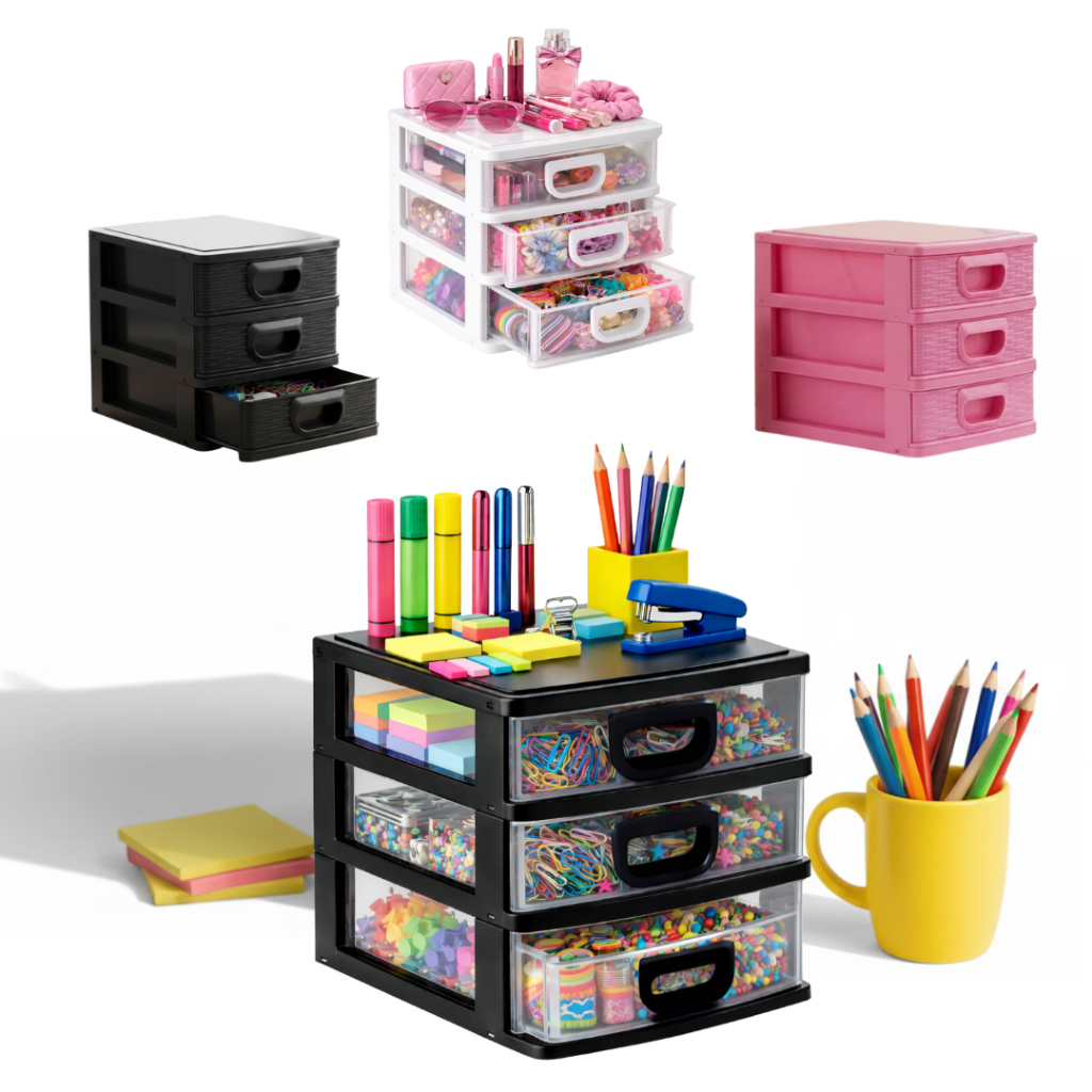 Porta Treco Gaveteiro Organizador de Mesa 3 Gavetas p/ Casa, Escritório, Material de Costura, Porta Joias