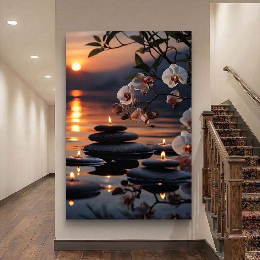Imagem Quadro Decorativo Zen Paisagem Com Orquídea Velas E Pôr Do Sol MDF 110x70 Decoração Parede