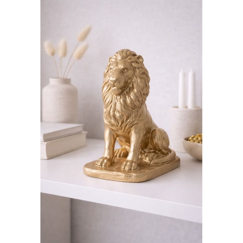 Escultura Leão Decorativo em Gesso Dourado 14cm – Estátua Luxo Acabamento Brilhante Artesanal