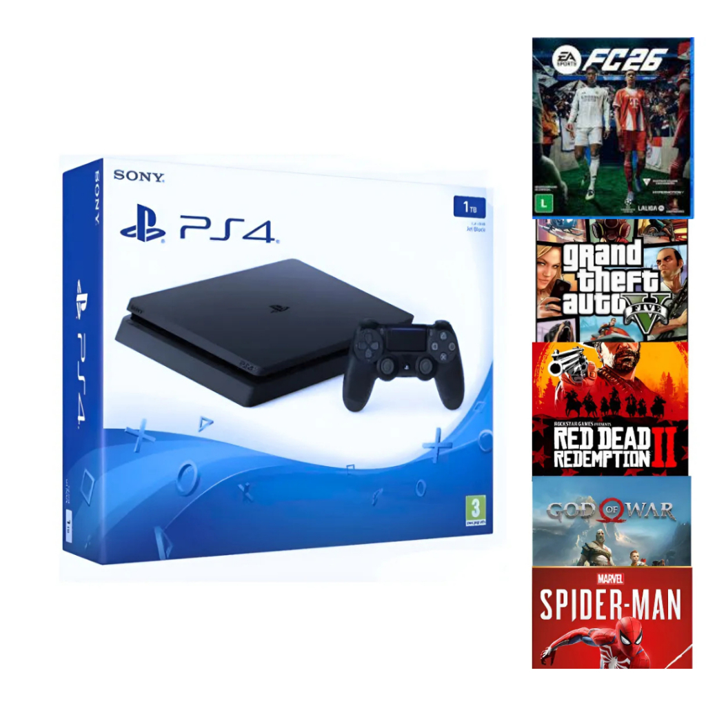 Playstation 4 Ps4 Slim 1tb JetBlack + Um Jogo Fifa/ Fc 26 / GTA 5/ RED DEAD 2 / SPIDER MAN