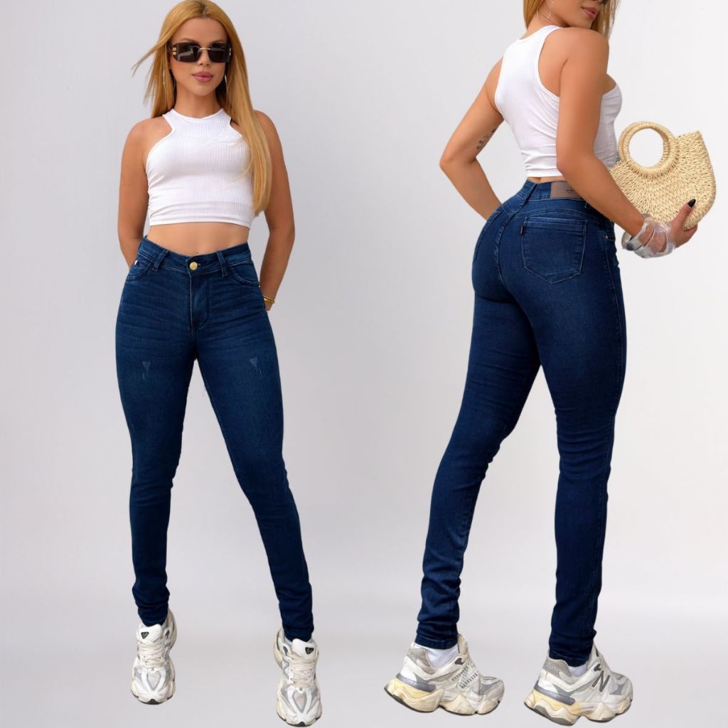 Calças Feminina Skinny Cintura Alta Lycra Jeans Com Lycra Elastano Cós Alto Até o Umbigo Modelagem Levanta Bumbum