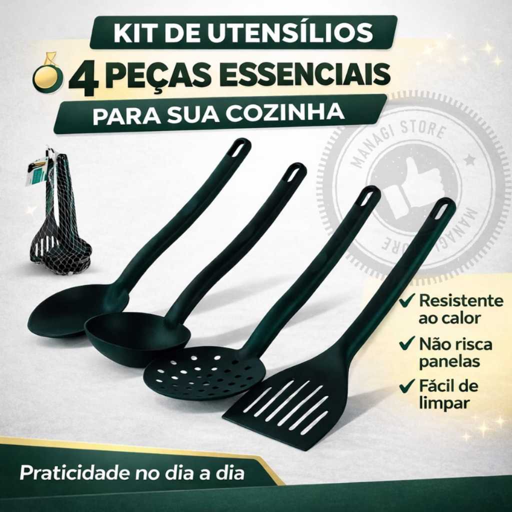 Kit 4 Utensílios de plástico Premium Para Cozinha Preto Design Moderno e Resistência