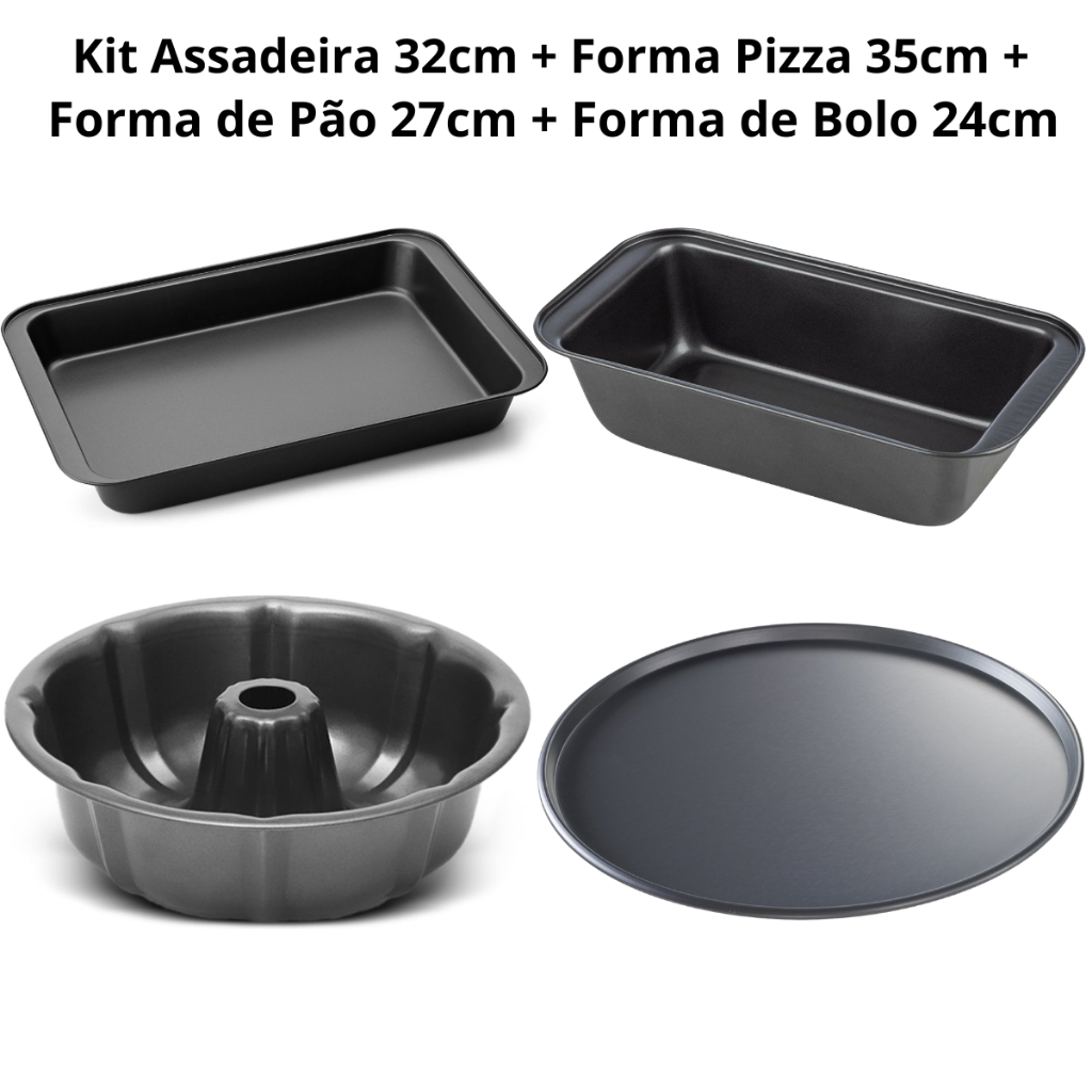 Conjunto De Formas Assadeiras 4 Peças Antiaderentes Bolo Pizza Tortas Pão Aço Carbono Não Gruda