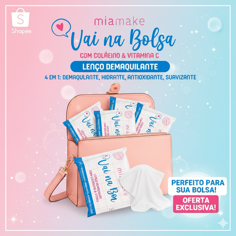 Lenço Demaquilante Mia Make/Removedor de Maquiagem,Portátil para Bolsa, Cuidados com a Pele/Skincare/Suave e Prático