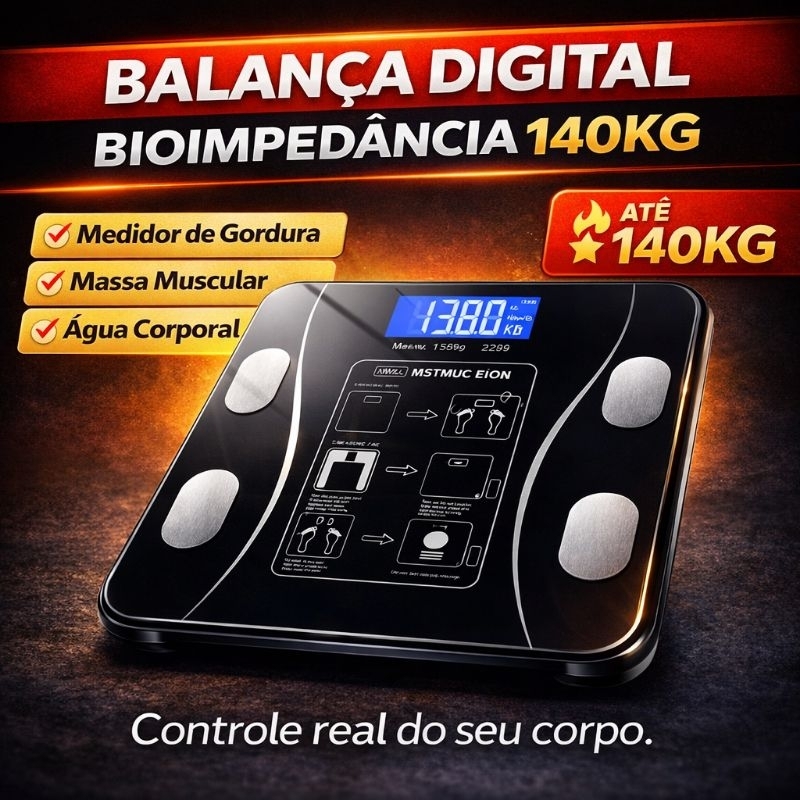 Balança Inteligente Bioimpedância Digital Alta Precisão Suporta 140kg Preta Fitness Saúde Corporal