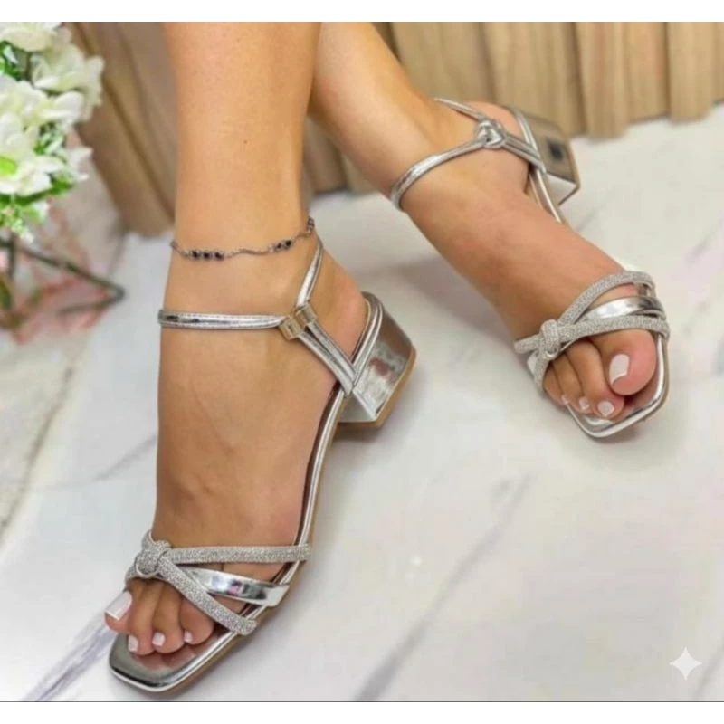 MEGA promoção queima de estoque envio imediato Sandália feminina salto baixo bloco Tira de Strass Brilho Confortável