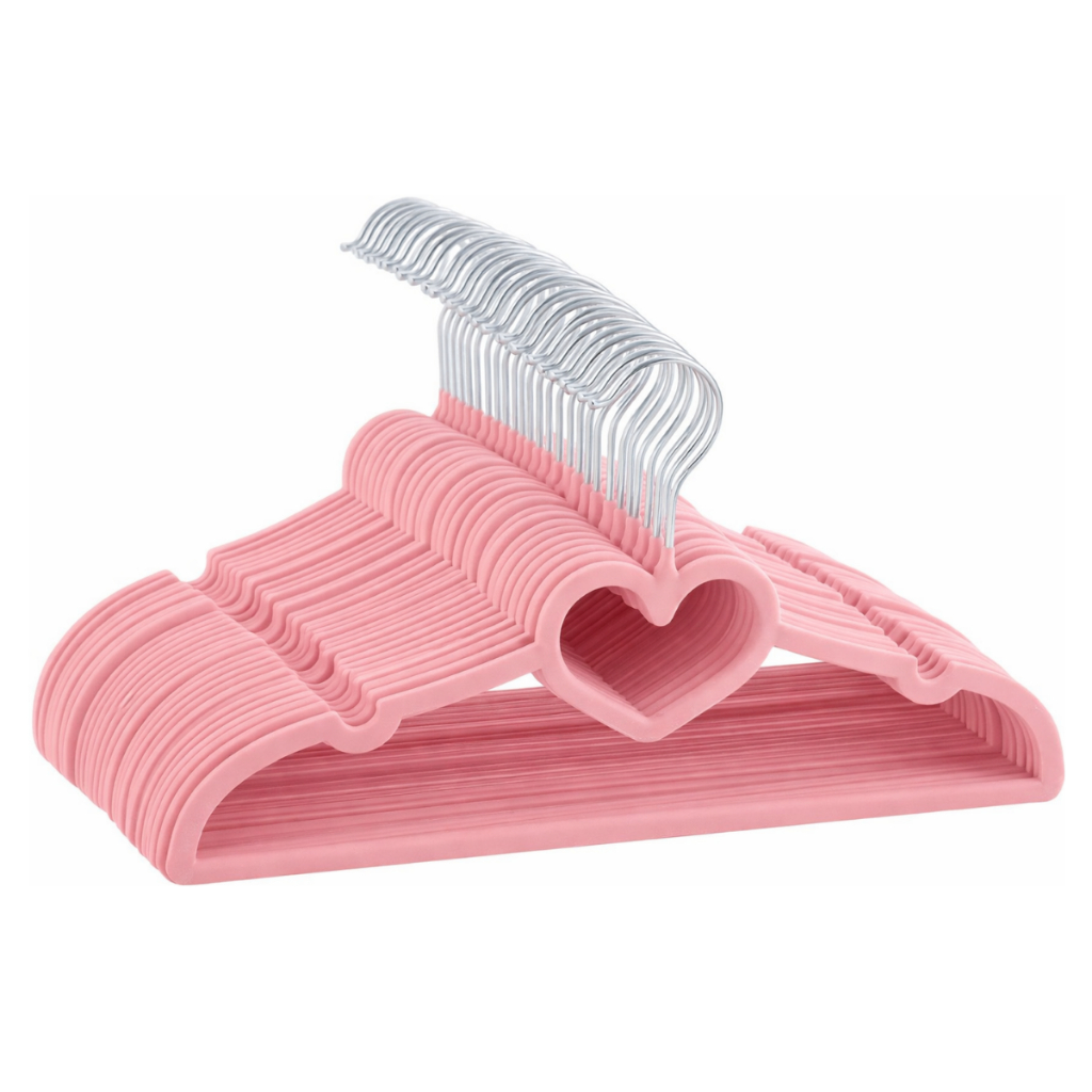 Kit 25 Cabides De Veludo Infantil Rosa Coração Bebê Ultrafino